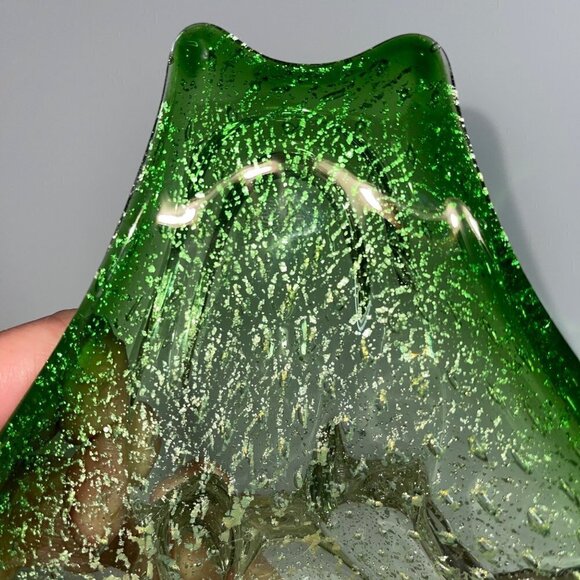 Murano Art Glass Bowl Green Gold Flecks Controlled Bubbles Bullicante MCM - Picture 11 of 15